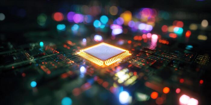Illuminated CPU on a circuit board, showcasing digital technology and advanced computing. photo