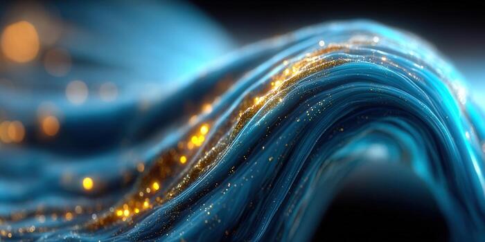 A mesmerizing display of blue waves with shimmering golden particles creates a captivating scene. photo
