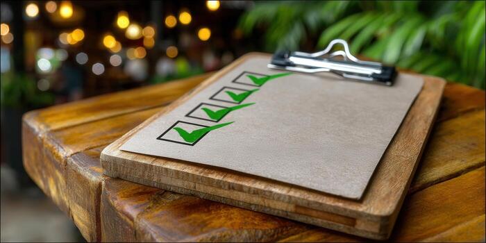 A clipboard with a completed checklist rests on a wooden surface, signifying success. photo
