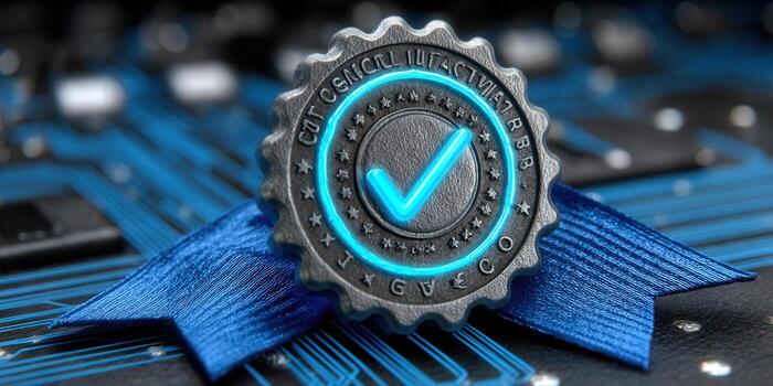 un metálico certificado con un brillante marca de verificación en un azul cinta. foto
