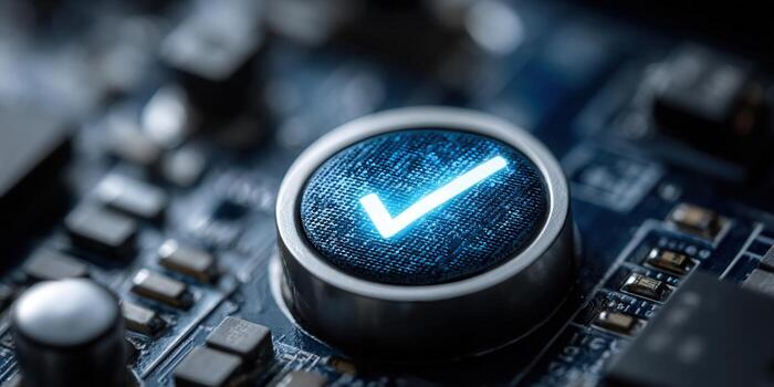 Close-up shot of a glowing check mark button on a circuit board, symbolizing technology and validation. photo