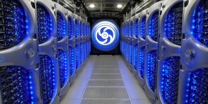 Inside a modern server room, displaying rows of powerful data servers and fans photo