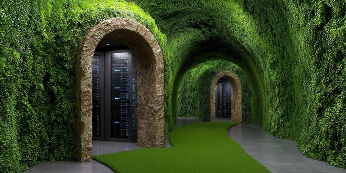 A unique data center combines lush greenery and modern technology in an innovative design. photo