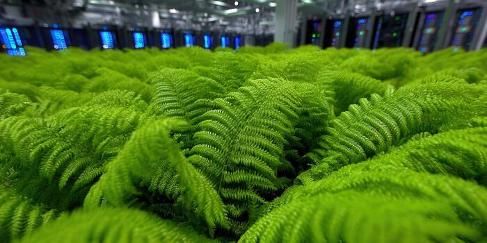 vívido verde helechos prosperar en un datos centro, exhibiendo tecnología y de la naturaleza interacción. foto