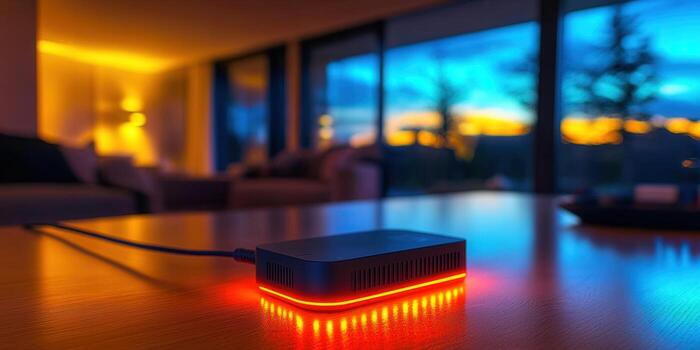 Smart home hub with a red glow sits on a wooden table, overlooking a beautiful sunset. photo