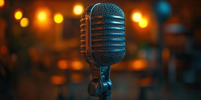 A detailed view of a vintage microphone, ideal for music-related projects and stage performances. photo