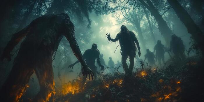 A terrifying scene depicting a group of zombies in a dark, misty forest environment. photo