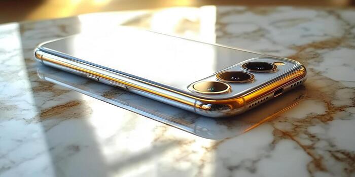 The modern smartphone with a triple-lens camera on a marble surface, with beautiful light. photo