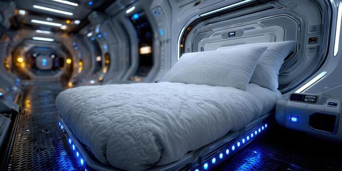 A futuristic spaceship bedroom with a comfortable, inviting bed, perfect for space travel. photo