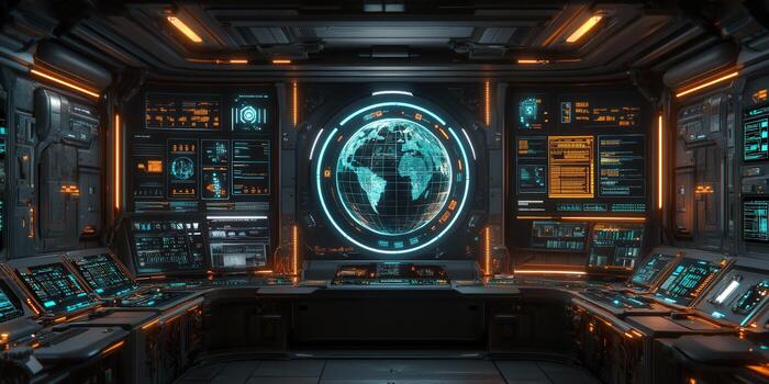 The futuristic command center showcases advanced technology and a glowing global map. photo