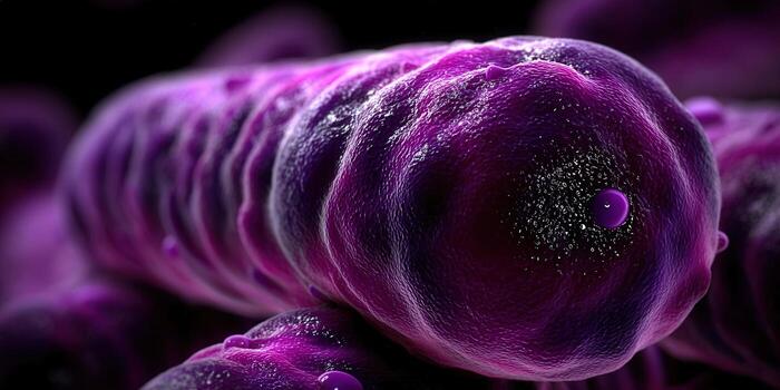 Intricate close-up of a purple bacteria cell, showcasing its complex structure and detail. photo