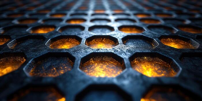 An abstract honeycomb structure with glowing orange cells. photo