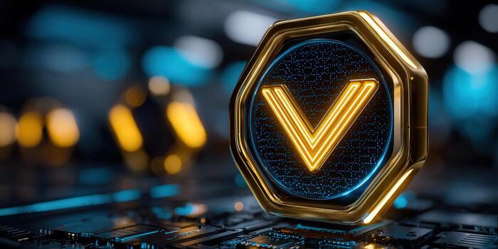 Golden check mark icon glowing on a circuit board, signifying verification and validation. photo