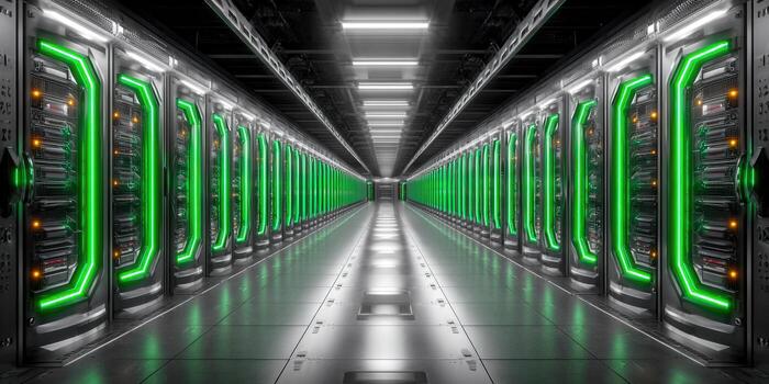 Inside a modern data center with rows of servers and green neon lights. photo
