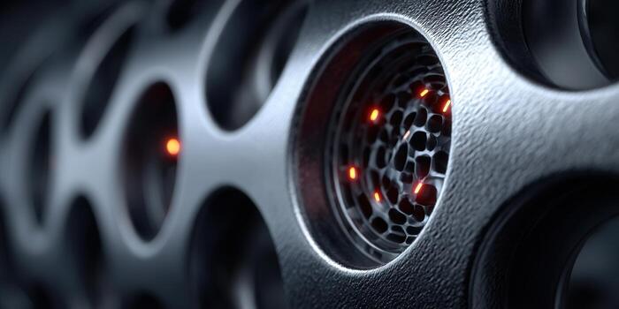 Intricate metallic design with glowing lights, showcasing technological innovation and modern art. photo