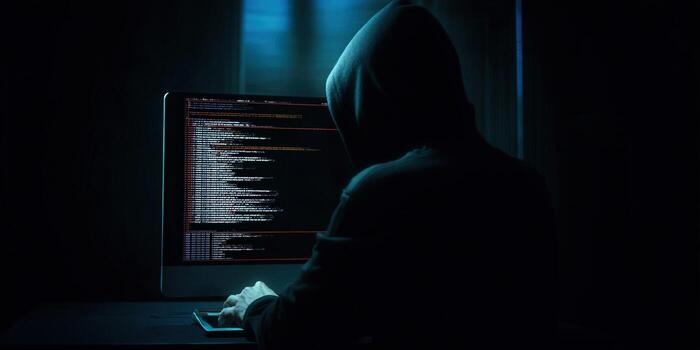 A mysterious hacker works on a computer, possibly stealing or hiding data in the shadows. photo