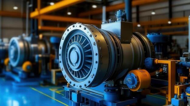 Intricate industrial machinery dominates the scene inside a modern factory setting, highlighting engineering and technology. photo