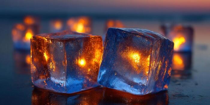 Glowing ice cubes create a mesmerizing display of light and reflection. photo