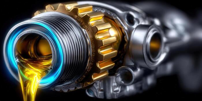 A detailed view of a metallic gear system with pouring oil, symbolizing mechanical functionality and lubrication. photo