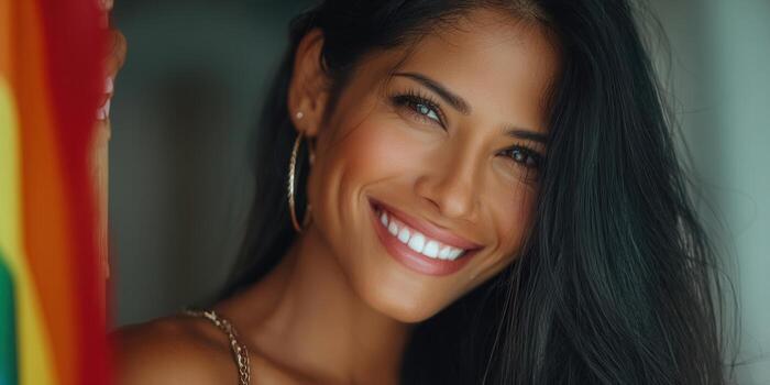 Gorgeous woman with a captivating smile and beaming eyes, looking radiant. photo