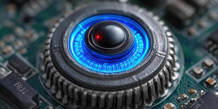 Intricate electronic component with glowing blue light, perfect for tech concepts and design. photo