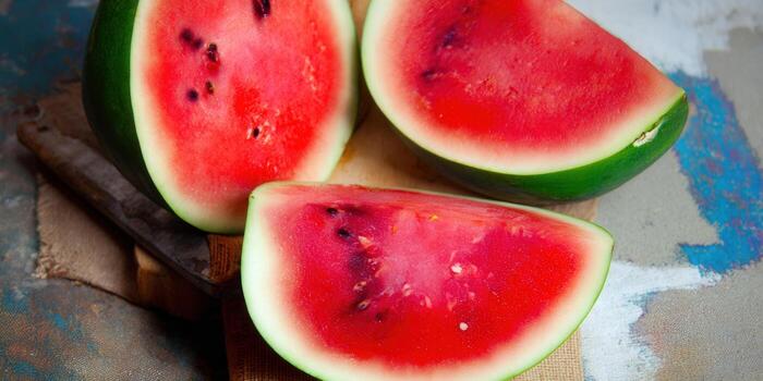 Vibrant watermelon slices display their juicy red flesh on a rustic surface. photo