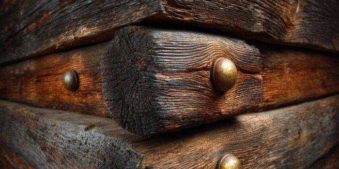 Weathered wooden beams with metallic studs create a rustic architectural detail. photo