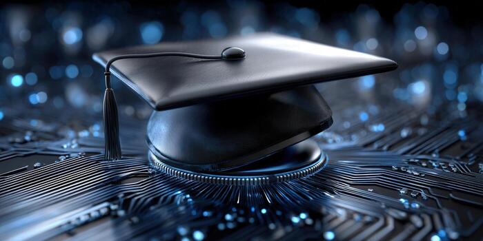 A graduation cap rests on a circuit board, symbolizing online education and technological advancement. photo