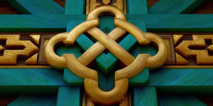 A detailed view of a gold knot cross set against a turquoise background photo
