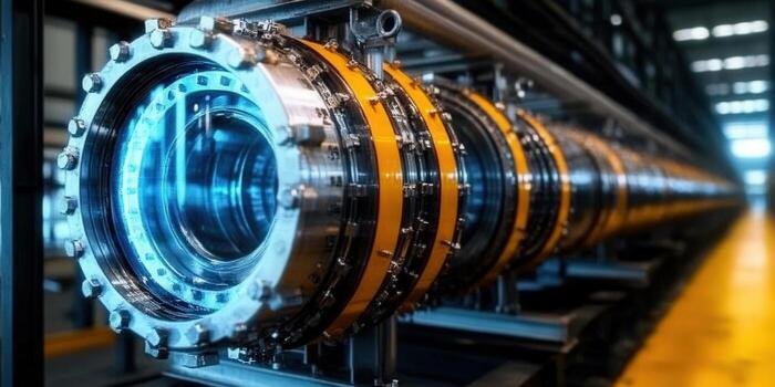 A long industrial machine with blue light shines brightly within the complex components. photo