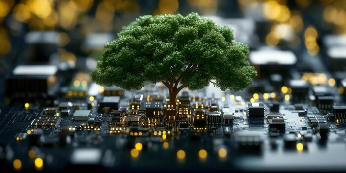The image depicts a tree growing from a computer circuit board, a fusion of technology and nature. photo