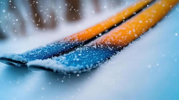 Vibrant skis rest peacefully in the snow, amidst falling snowflakes and a crisp winter scene. photo