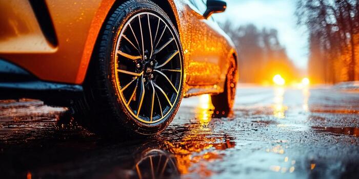 Close-up of a wet orange car wheel, with road and lights in the background. photo