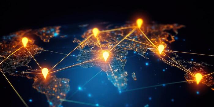 Global network concept with interconnected points, illustrating worldwide connectivity. photo
