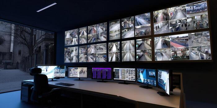 A modern security control room equipped with a wall of monitors, displaying live surveillance feeds. photo