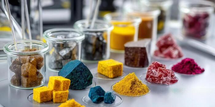A vibrant display of colorful pigments, compounds, and crystals in a lab setting. photo