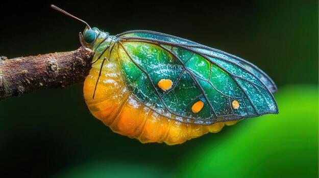 A stunning macro photograph showcases a colorful butterfly on a wooden branch. photo