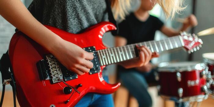 Close-up of a person playing a red electric guitar with a drummer photo