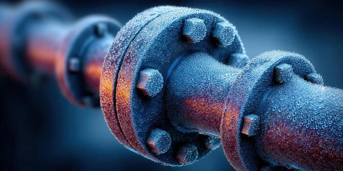 Dramatic macro shot of a frozen pipe with water droplets and a cool blue and orange color palette. photo