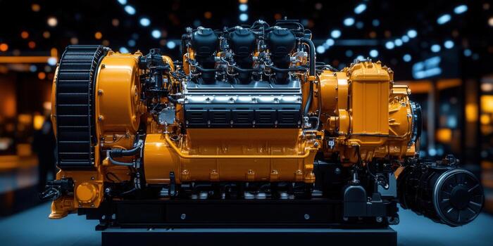 This image showcases a powerful industrial diesel engine, highlighting its intricate details and design. photo
