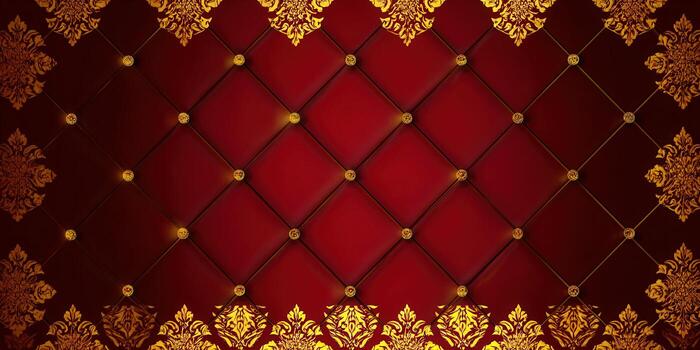 Luxurious red background with diamond stitching and golden embellishments. photo
