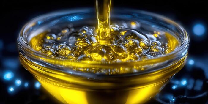 Golden oil is poured into a glass bowl, creating an artistic, close-up shot with bubbles. photo