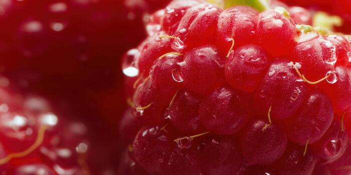 Close-up of a ripe raspberry with water droplets, perfect for a healthy snack. photo
