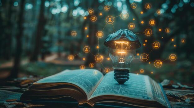 The lightbulb and book symbolize innovative ideas and learning in nature. photo