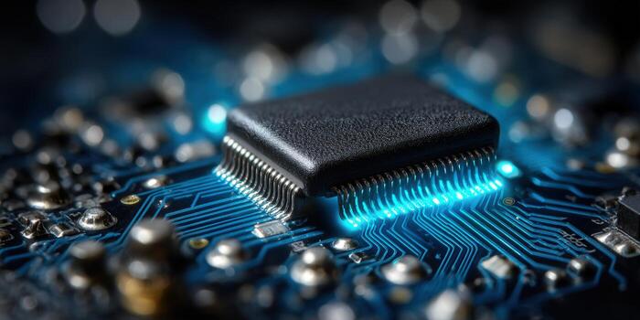 Intricate close-up of a microchip on a circuit board, showcasing technological innovation and data flow. photo