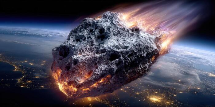 A fiery asteroid hurtles through space, poised to collide with Earth and create a cataclysmic event. photo