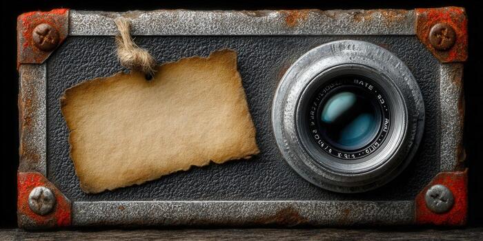 A vintage camera lens with a blank tag, set against a textured, metallic background. photo