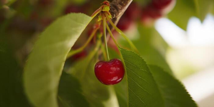 A close-up of a single, ripe red cherry hanging from a leafy branch in the sunlight. photo
