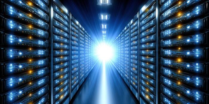 futurista servidor habitación con brillante luces y filas de servidores foto