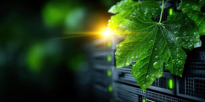 verde hoja con agua gotas en frente de un servidor estante, representando Respetuoso del medio ambiente datos almacenamiento foto